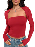 Trendy Queen Womens Going Out Tops Long Sleeve Shirts Tube Crop Cute Y2K Top Shrug Basic Bandeau Strapless Slim Fits 2025 Fall Outfits Fashion Clothes Red XL